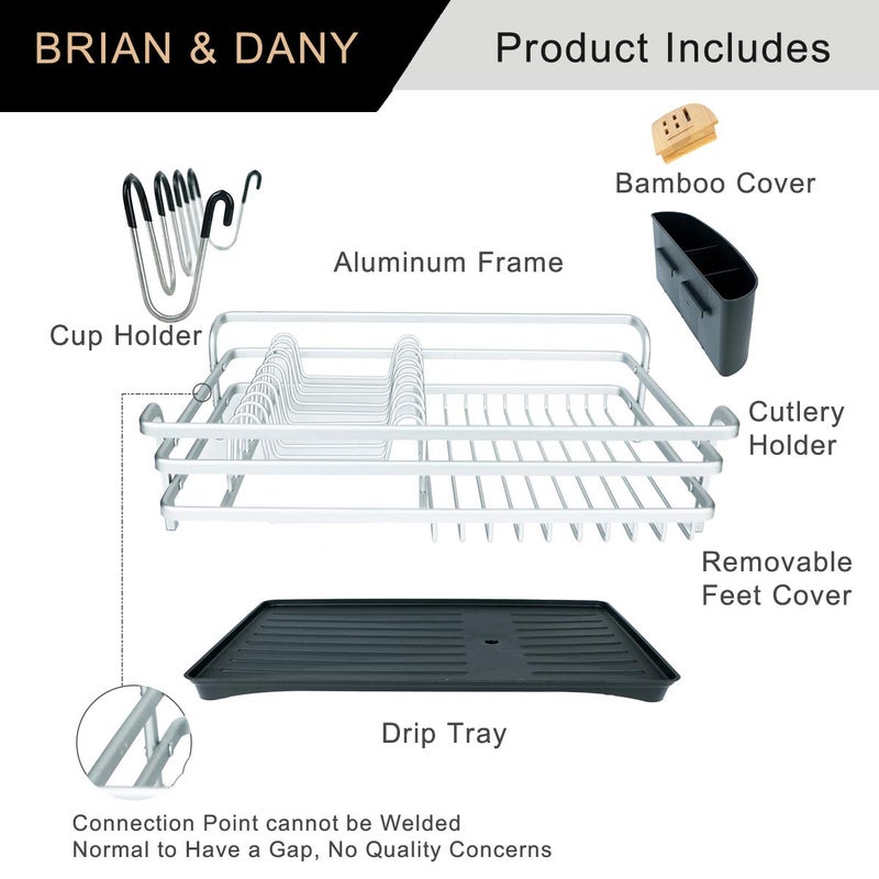 BRIAN & DANY Aluminum Dish Drying Rack, Dish Racks for Kitchen Counter, Dish Drainer with Removable Cutlery Holder & Cup Holder, Unique 360Â° Swivel Spout Drainboard, 16.5" L x 11.8" W, Silver - Image 5